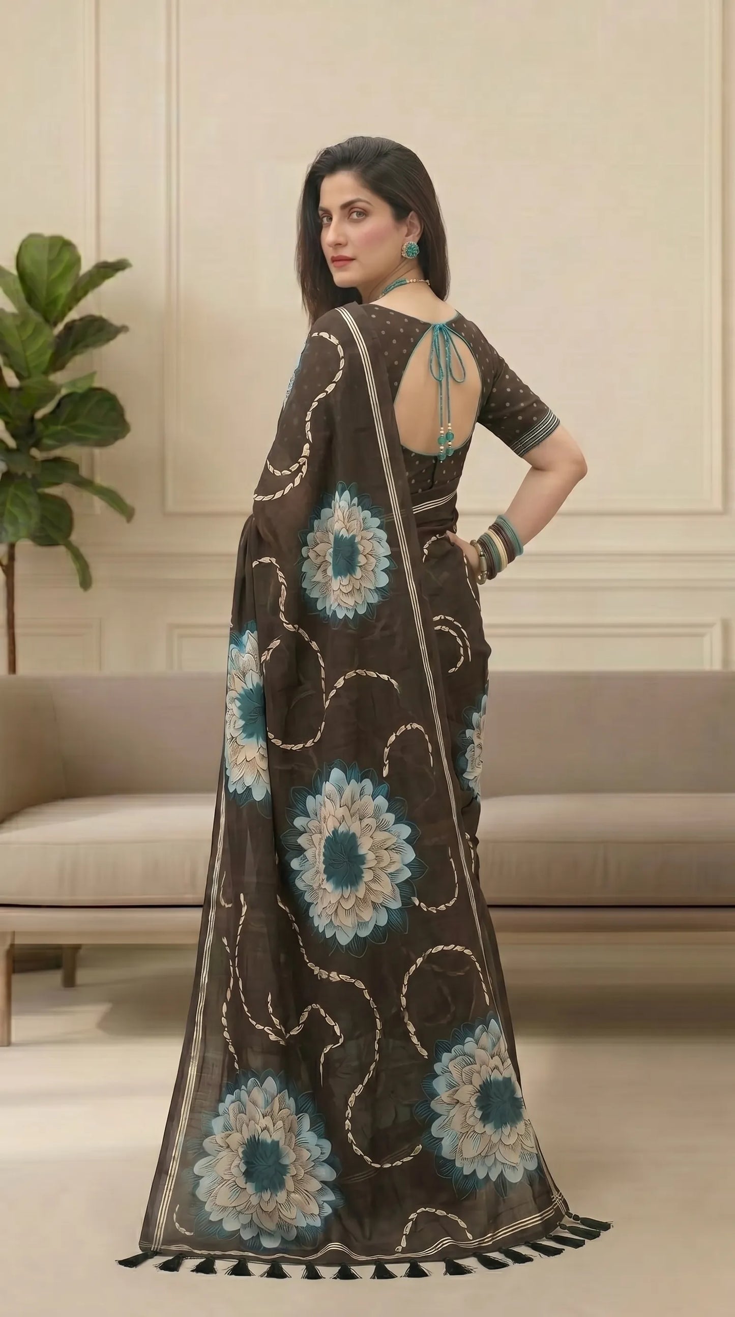 Black Floral Muga Cotton Saree with Fancy Zari Border