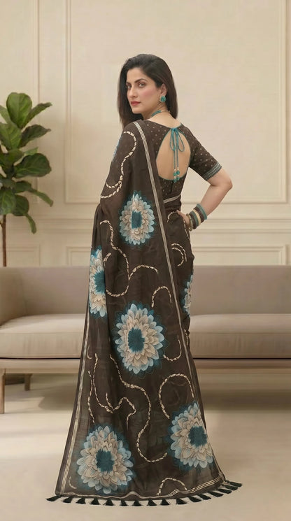Black Floral Muga Cotton Saree with Fancy Zari Border