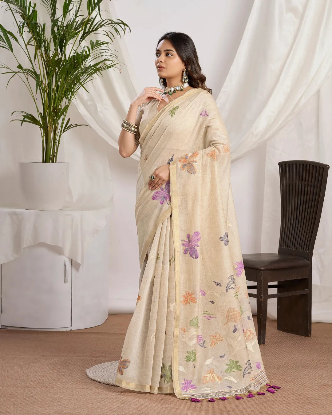 Mocha Radiance - Chikoo Muga Cotton Saree with Fancy Jari Border and Floral Pallu