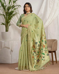 Pista Green Muga Cotton Paithani Saree with Floral Jari Border
