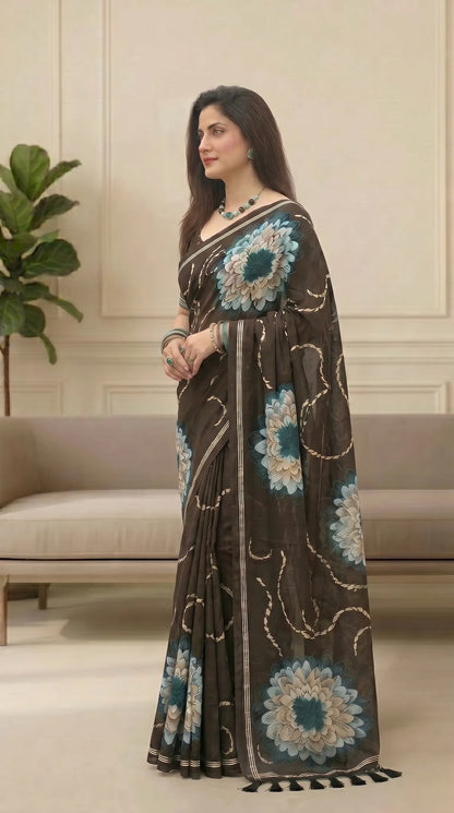 Black Floral Muga Cotton Saree with Fancy Zari Border