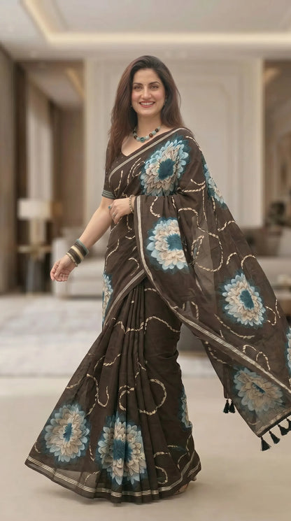 Black Floral Muga Cotton Saree with Fancy Zari Border