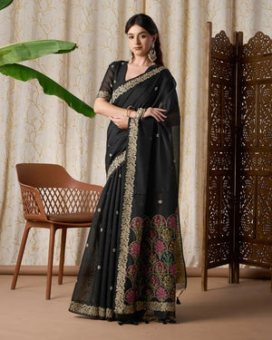 Black Muga Cotton Jamdani Saree with Multicolour Flower Pallu