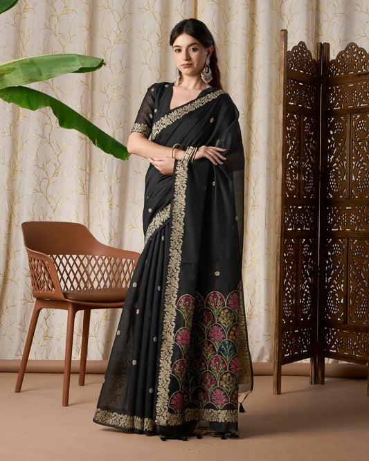 Black Muga Cotton Jamdani Saree with Multicolour Flower Pallu