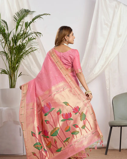 Pink Muga Cotton Paithani Saree with Lotus Jari Border