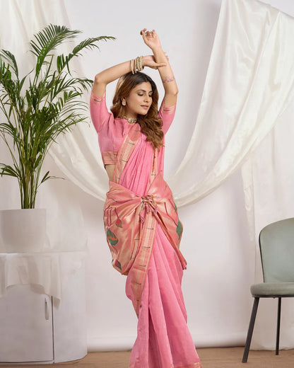 Pink Muga Cotton Paithani Saree with Lotus Jari Border
