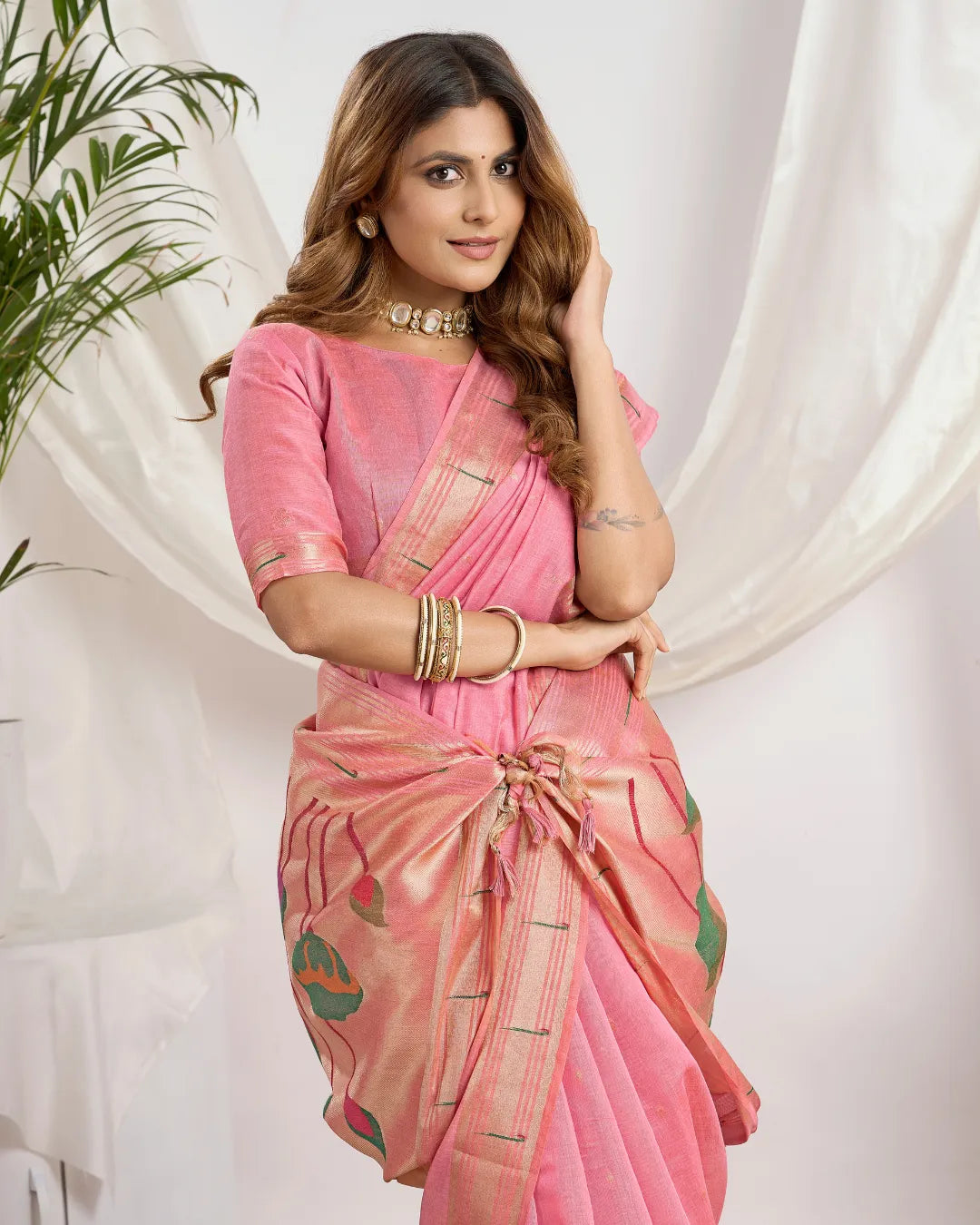 Pink Muga Cotton Paithani Saree with Lotus Jari Border