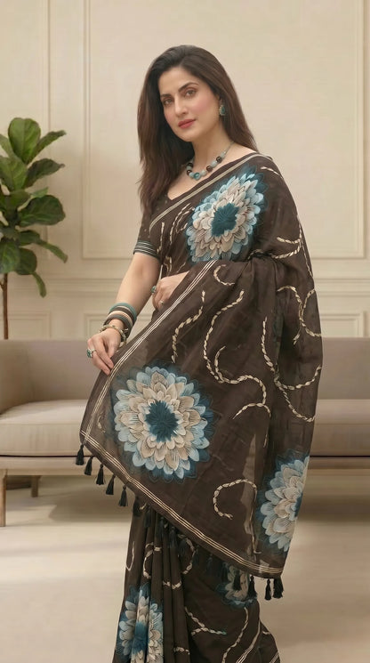 Black Floral Muga Cotton Saree with Fancy Zari Border