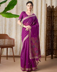 Wine Muga Cotton Jamdani Saree with Multicolour Flower Pallu