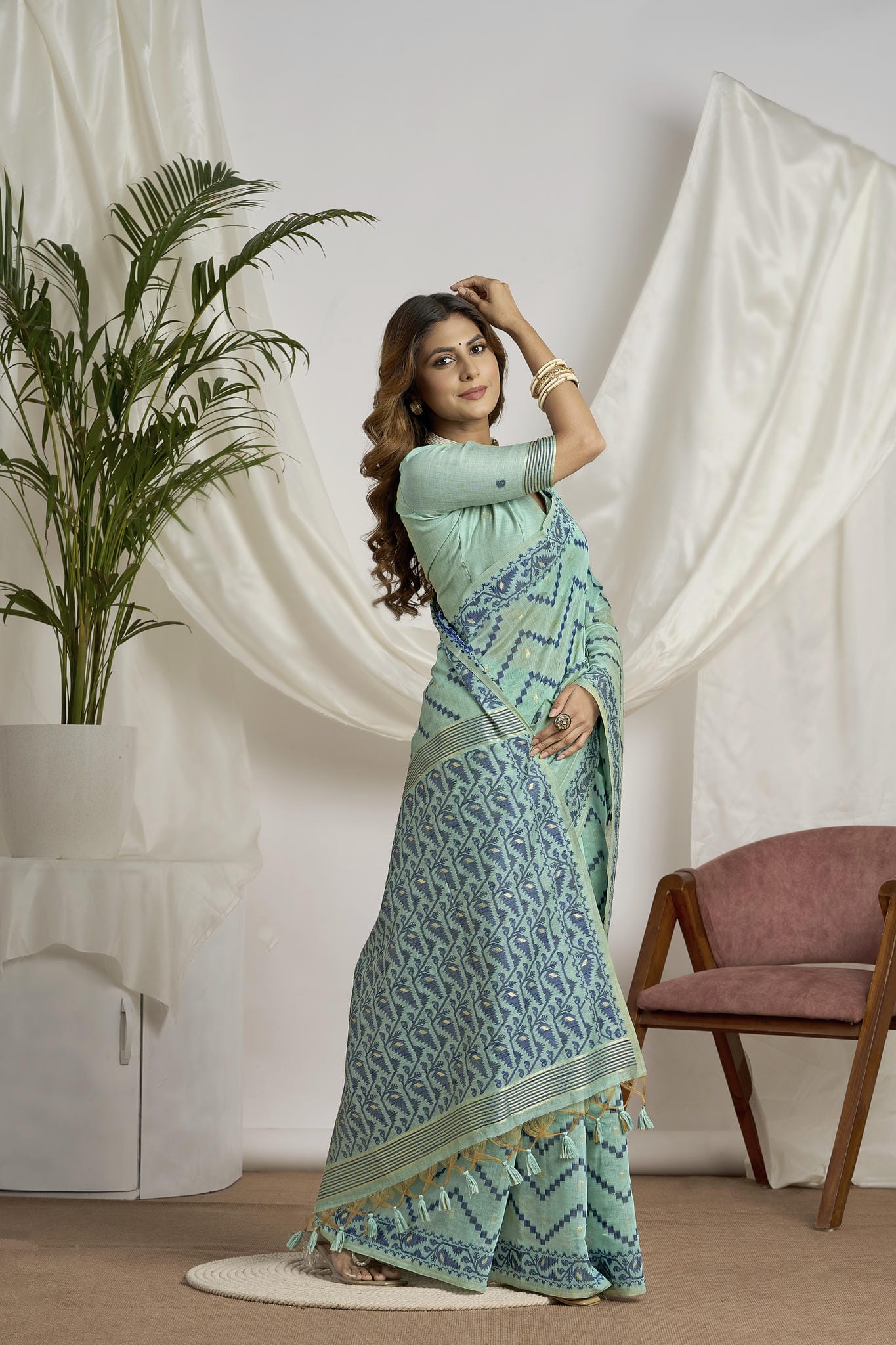 Sea Green Jamdani Soft Cotton Saree | Geometric Weave