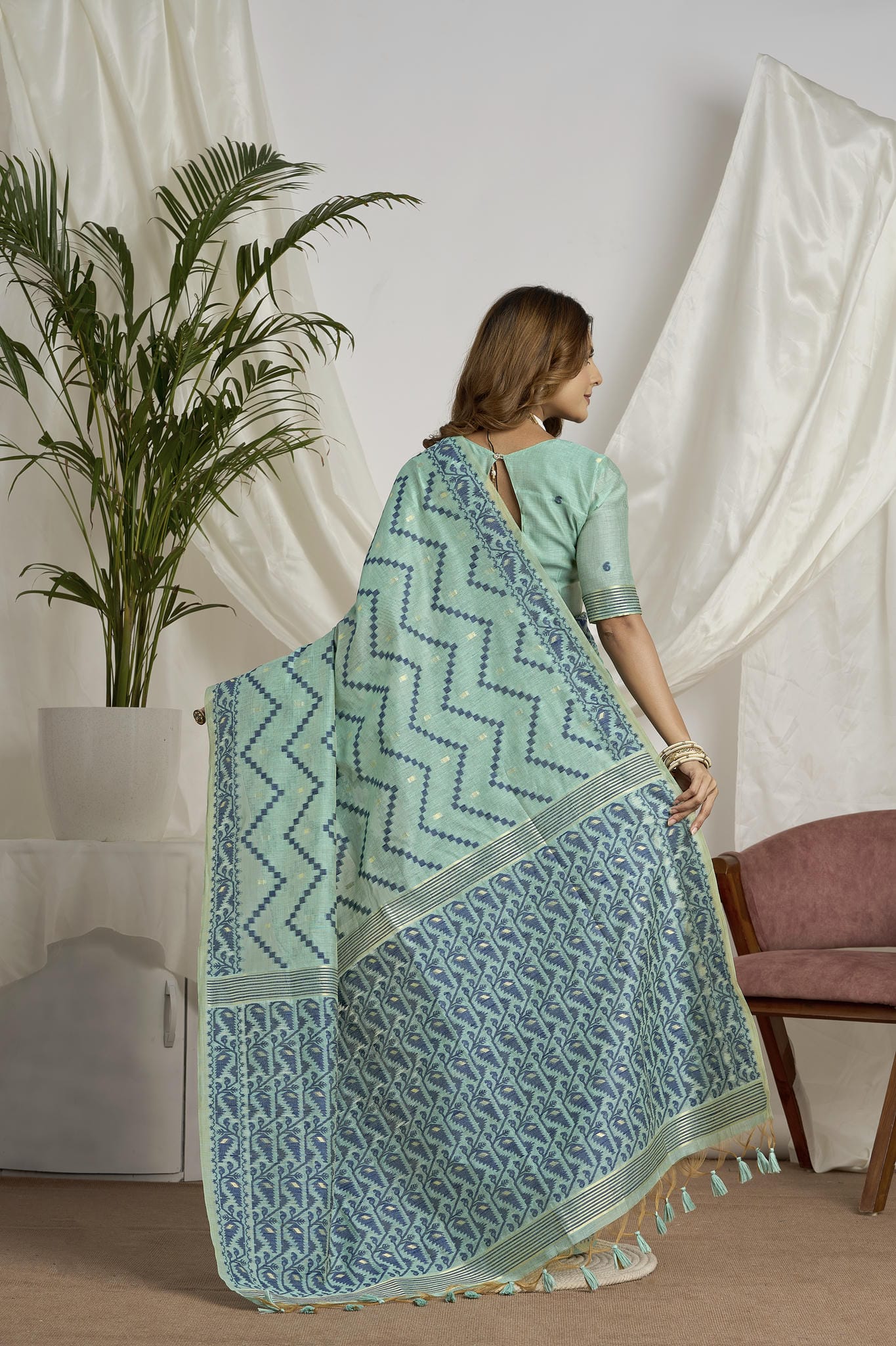 Sea Green Jamdani Soft Cotton Saree | Geometric Weave