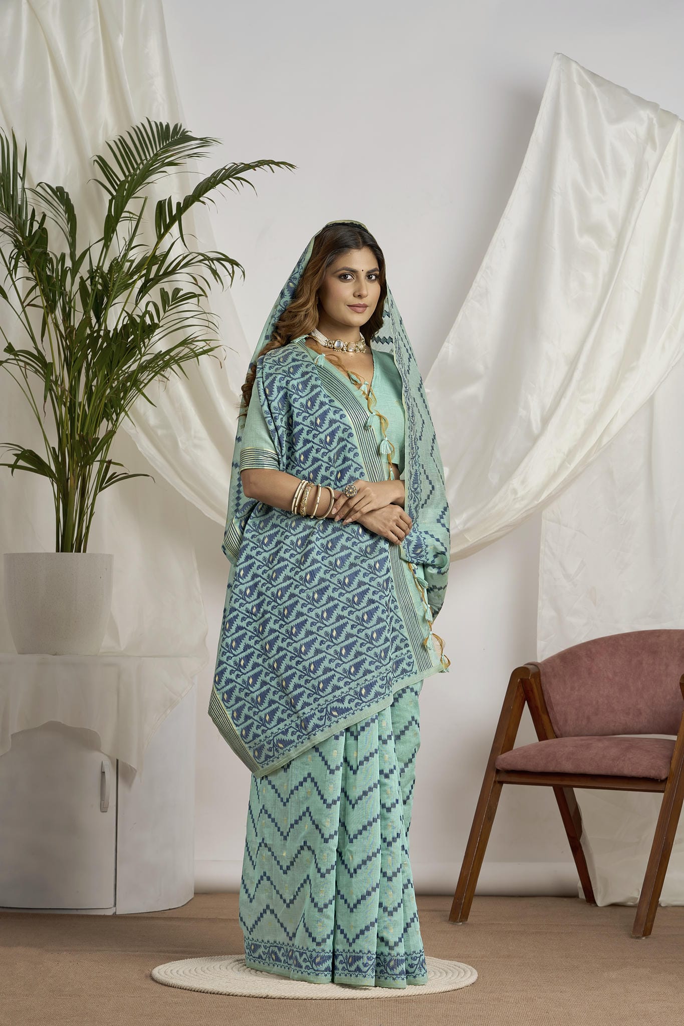 Sea Green Jamdani Soft Cotton Saree | Geometric Weave