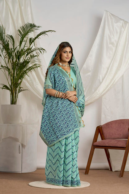 Sea Green Jamdani Muga Cotton Saree | Geometric Weave