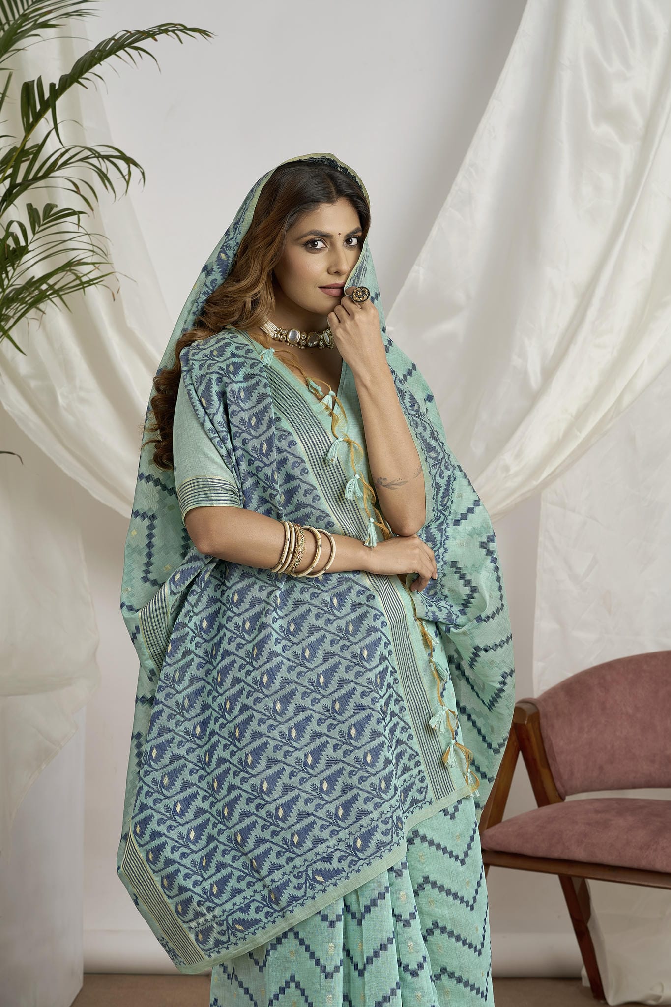 Sea Green Jamdani Soft Cotton Saree | Geometric Weave