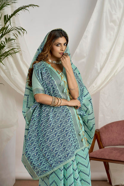 Sea Green Jamdani Muga Cotton Saree | Geometric Weave