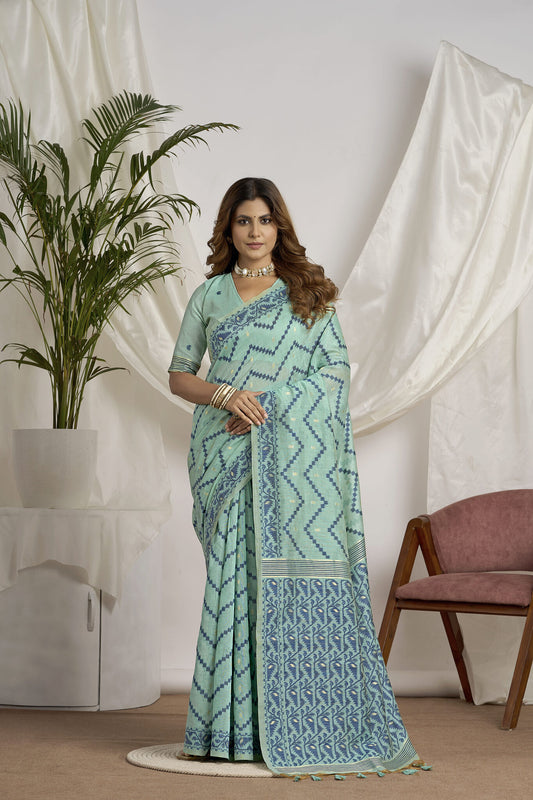 Sea Green Jamdani Soft Cotton Saree | Geometric Weave