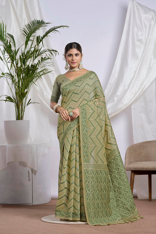 Pista Green Linen-Cotton Jamdani Saree | Woven Motifs