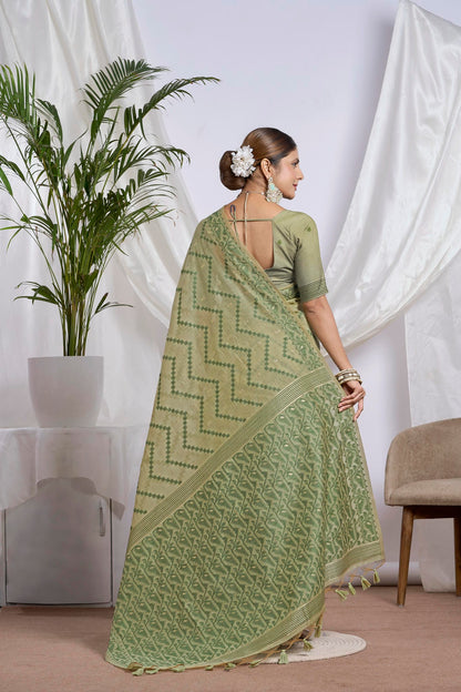 Sea Green Jamdani Muga Cotton Saree | Geometric Weave