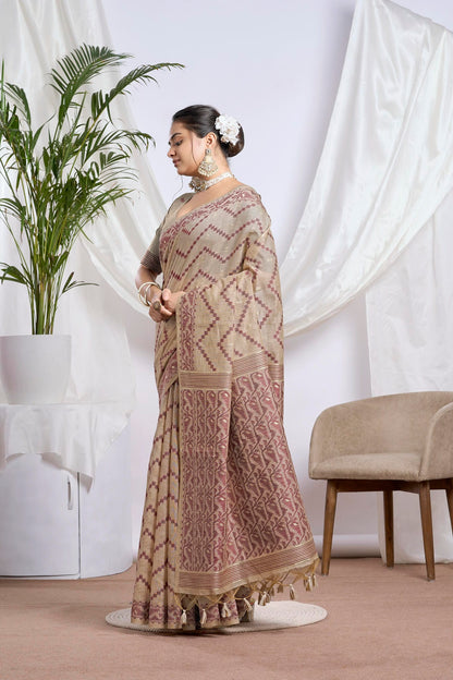 Beige & Maroon Jamdani Muga-Cotton Saree | Woven Motifs