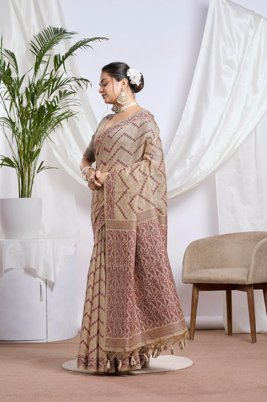 Beige & Maroon Jamdani Silk-Cotton Saree | Woven Motifs