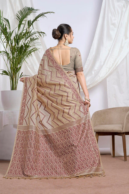 Beige & Maroon Jamdani Muga-Cotton Saree | Woven Motifs