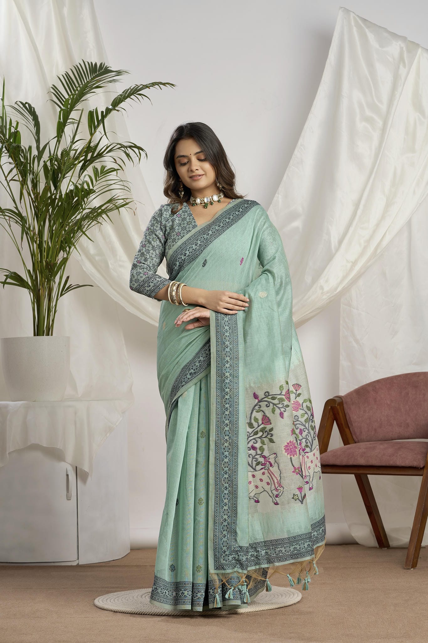 Seafoam Green Linen-Cotton Saree with Woven Pallu
