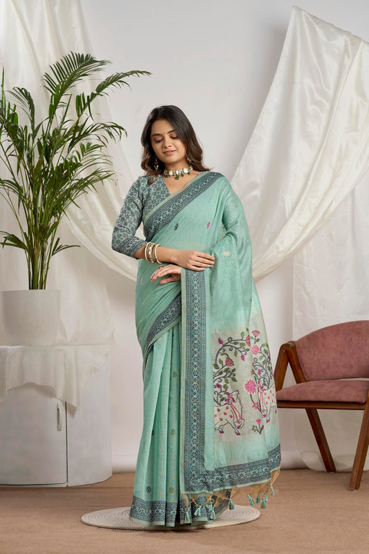Seafoam Green Linen-Cotton Saree with Woven Pallu