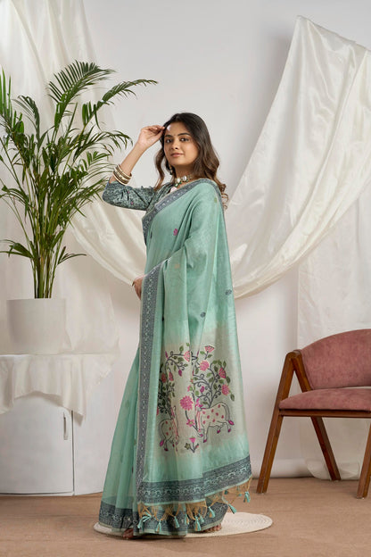 Seafoam Green Muga-Cotton Saree with Woven Pallu and Paithani Jari Jamdani