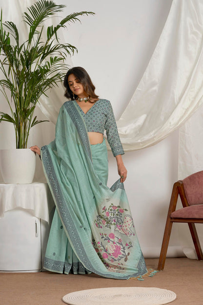 Seafoam Green Muga-Cotton Saree with Woven Pallu and Paithani Jari Jamdani