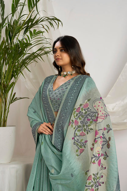 Seafoam Green Muga-Cotton Saree with Woven Pallu and Paithani Jari Jamdani