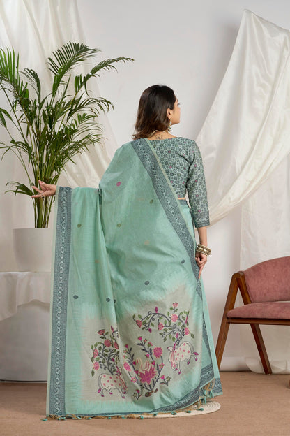 Seafoam Green Muga-Cotton Saree with Woven Pallu and Paithani Jari Jamdani