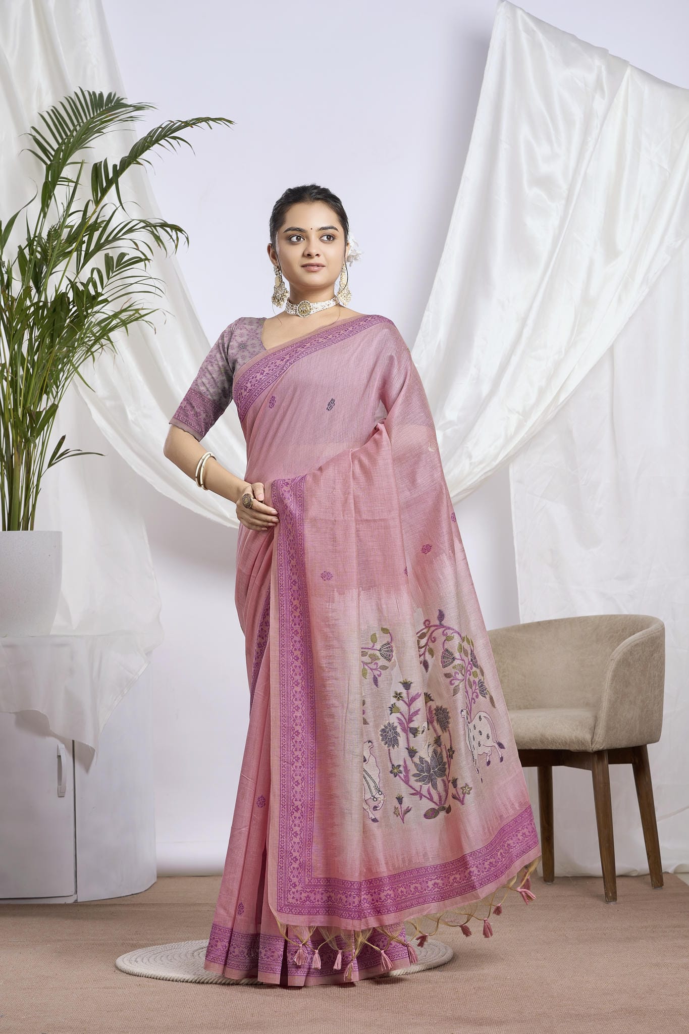 Dusty Rose Jamdani Linen-Cotton Saree | Woven Peacock Motifs
