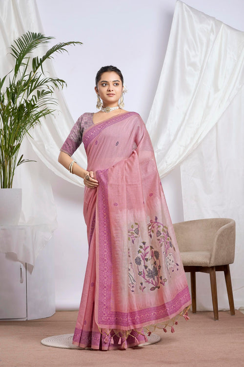Dusty Rose Jamdani Linen-Cotton Saree | Woven Peacock Motifs