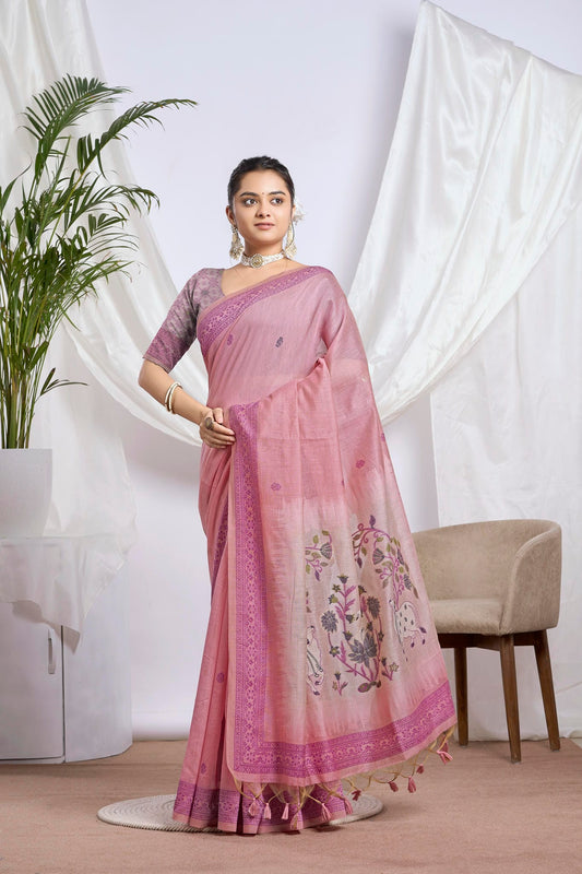 Dusty Rose Jamdani Linen-Cotton Saree | Woven Peacock Motifs