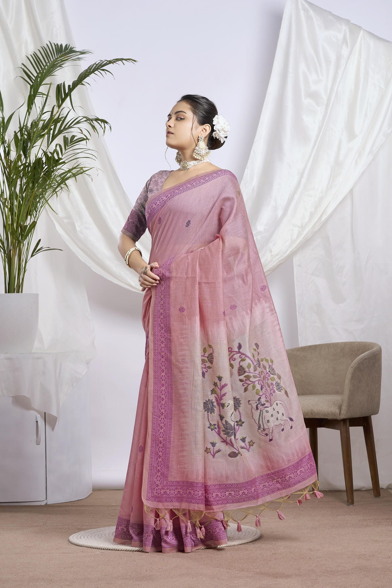 Dusty Rose Jamdani Linen-Cotton Saree | Woven Peacock Motifs