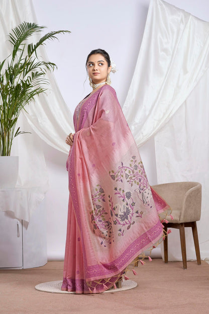 Dusty Rose Muga-Cotton Saree | Woven Peacock Motifs and Paithani Jari Jamdani