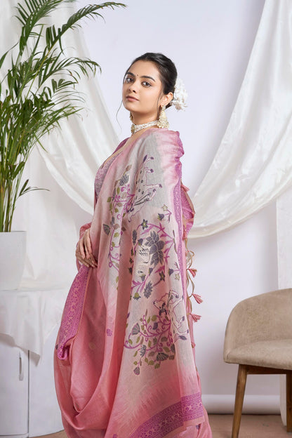 Dusty Rose Muga-Cotton Saree | Woven Peacock Motifs and Paithani Jari Jamdani