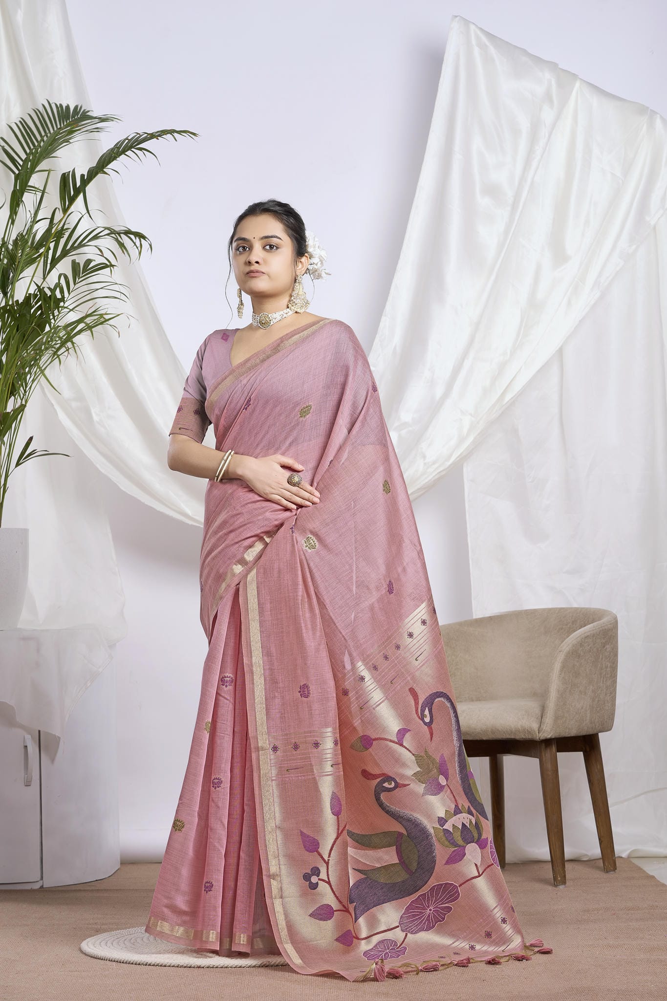 Old Rose Silk-Cotton Saree | Zari Jamdani Peacock Motif