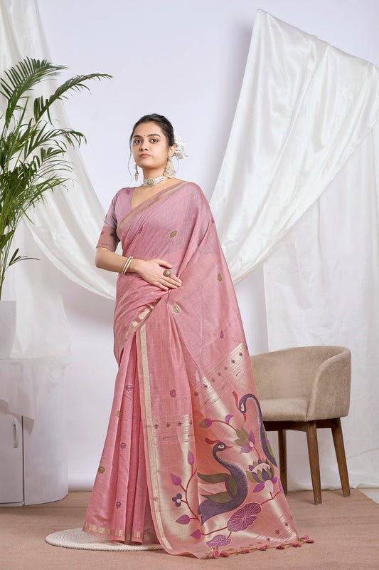 Old Rose Silk-Cotton Saree | Zari Jamdani Peacock Motif
