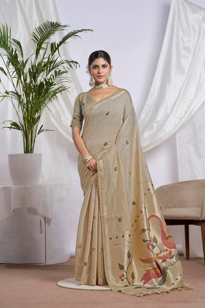 Sand Beige Muga-Cotton Saree | Jari Border Jamdani Bird Motifs