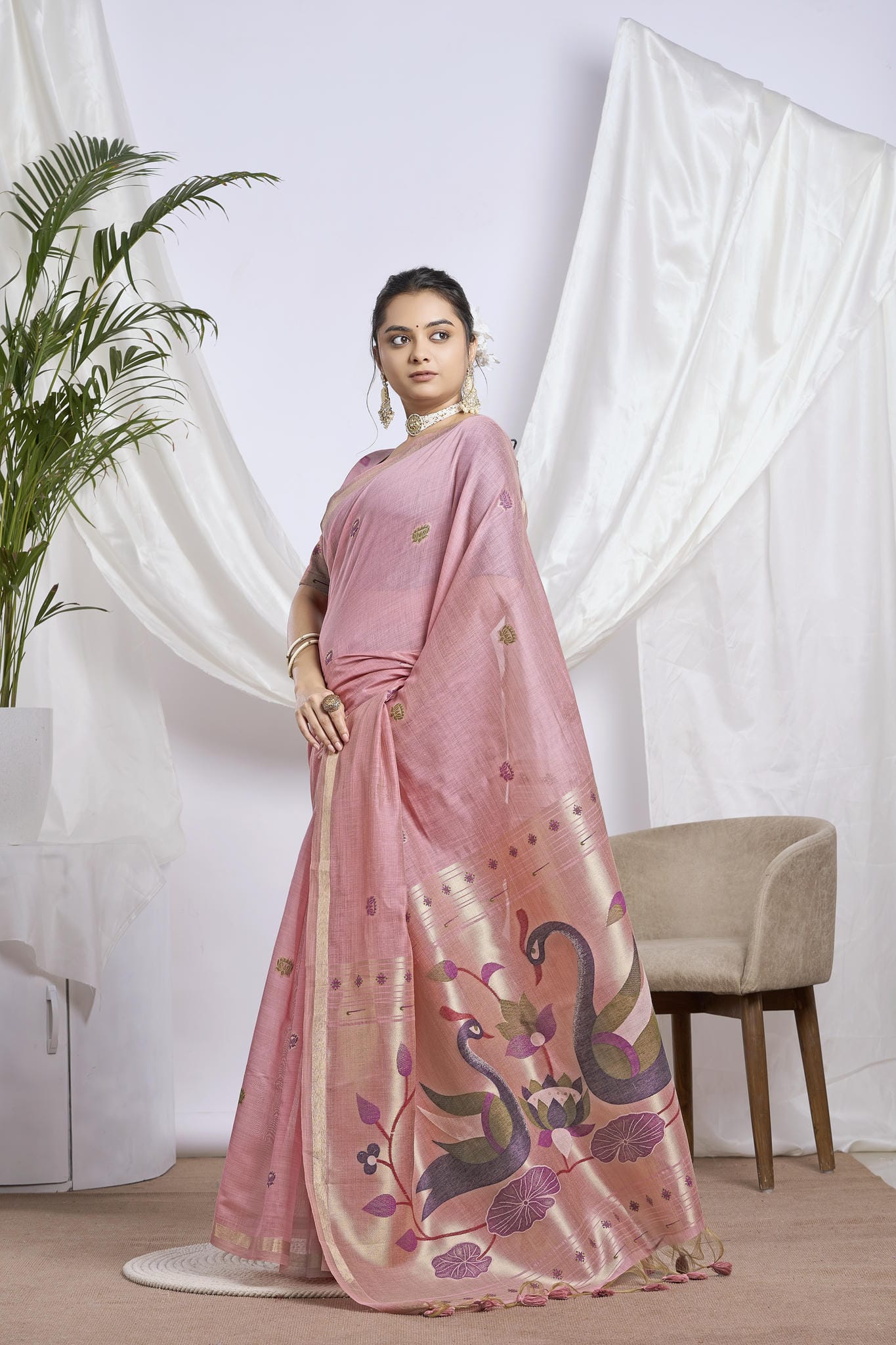 Old Rose Silk-Cotton Saree | Zari Jamdani Peacock Motif
