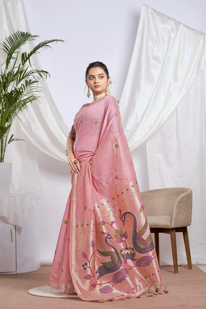 Old Rose Muga-Cotton Saree | Paithani Jari Jamdani Peacock Motif