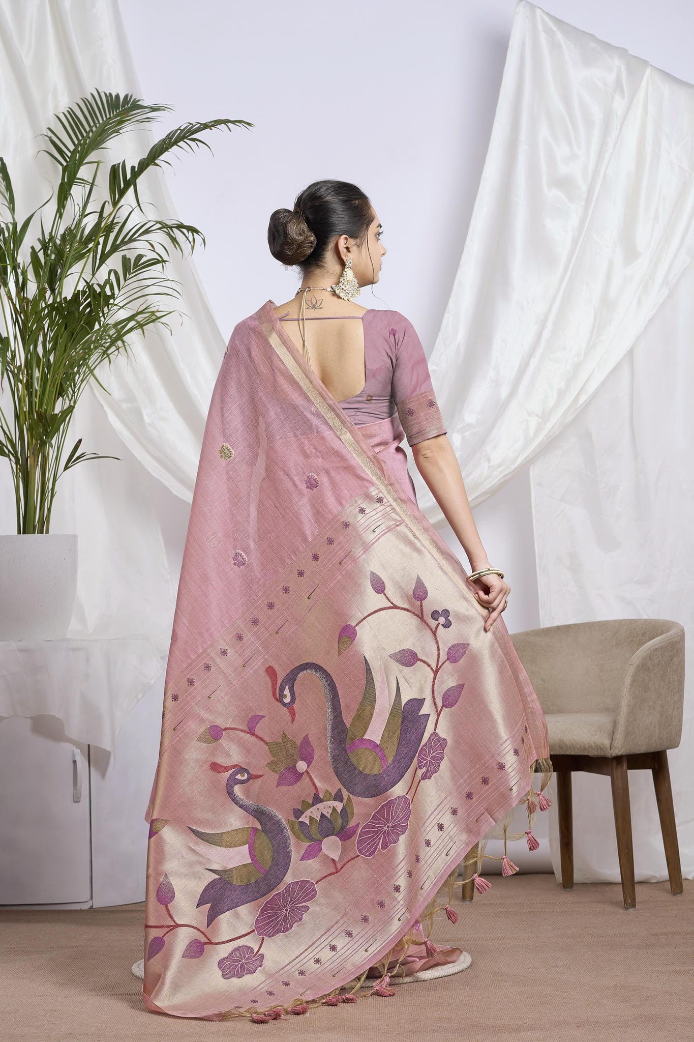 Old Rose Silk-Cotton Saree | Zari Jamdani Peacock Motif