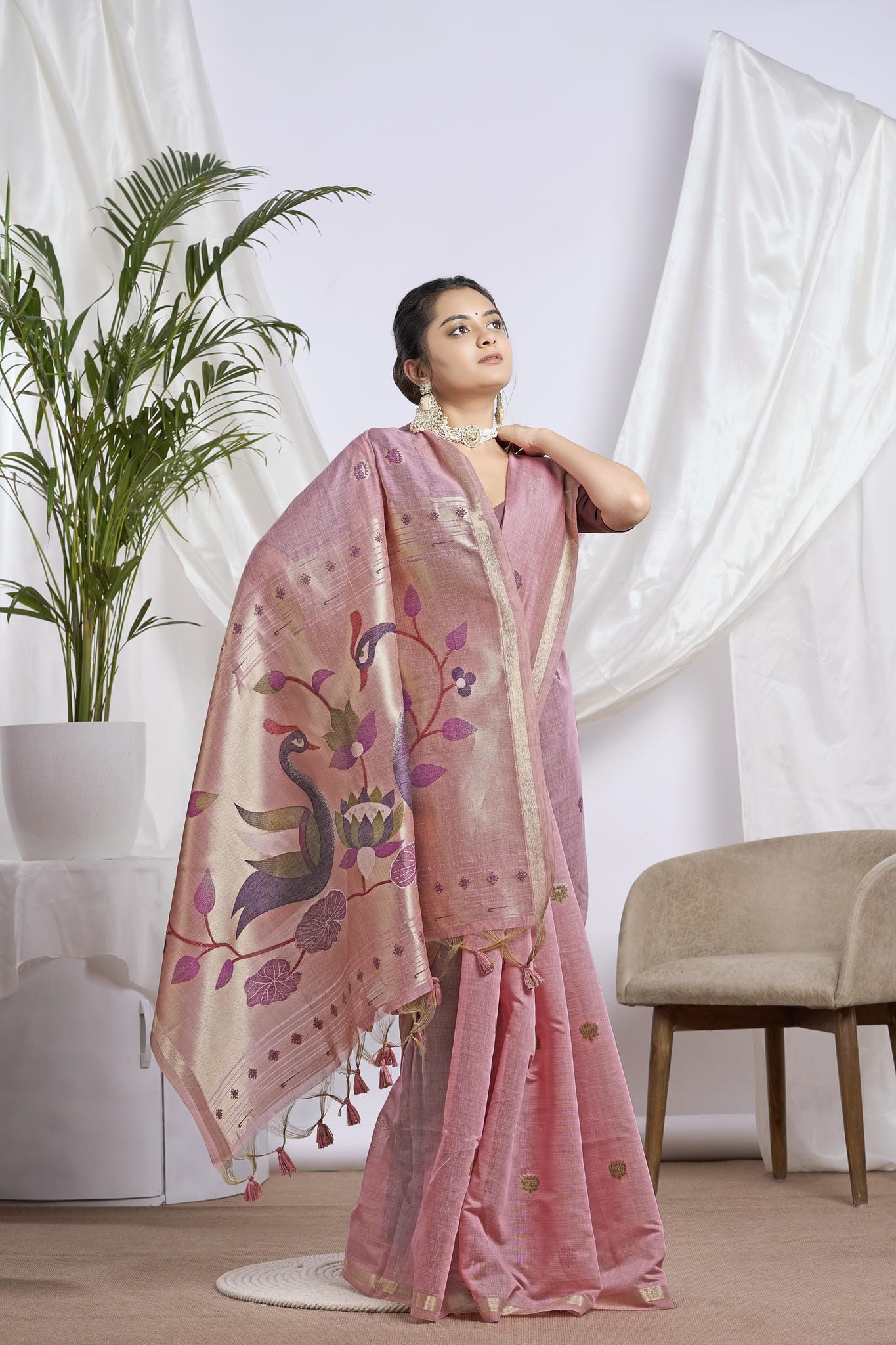 Old Rose Silk-Cotton Saree | Zari Jamdani Peacock Motif