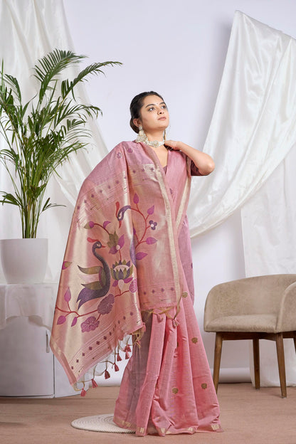 Old Rose Muga-Cotton Saree | Paithani Jari Jamdani Peacock Motif
