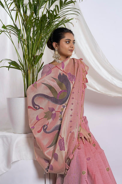 Old Rose Muga-Cotton Saree | Paithani Jari Jamdani Peacock Motif