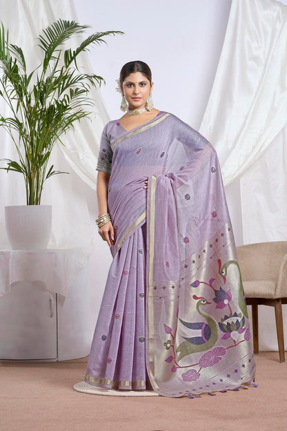 Sand Beige Muga-Cotton Saree | Jari Border Jamdani Bird Motifs