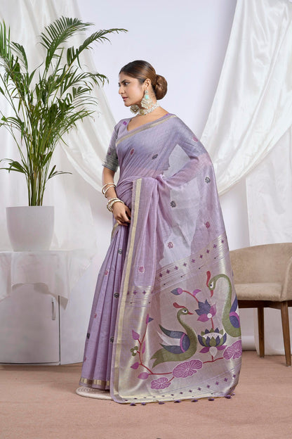 Sand Beige Muga-Cotton Saree | Jari Border Jamdani Bird Motifs