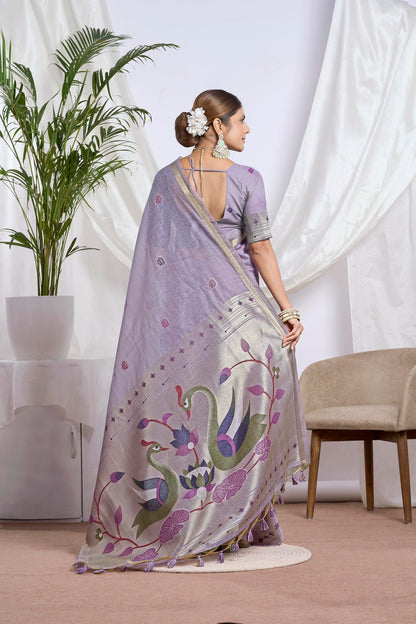 Sand Beige Muga-Cotton Saree | Jari Border Jamdani Bird Motifs