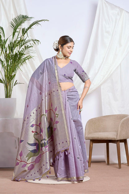 Sand Beige Muga-Cotton Saree | Jari Border Jamdani Bird Motifs